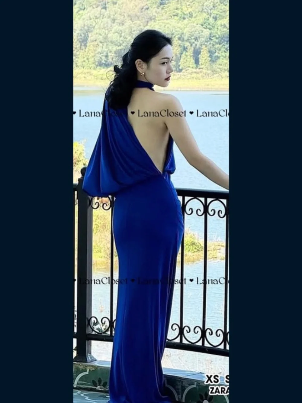 Zara Asymmetrical Cape Sleeve High Neck Bare Shoulder Ruched Detail Maxi Dress - Picture 2 of 15